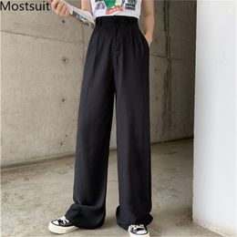 Summer Thin High Waist Wide Leg Pants Trousers Women Zipper Fly Solid Casual Fashion Korean Full Length Capris Femme 210513