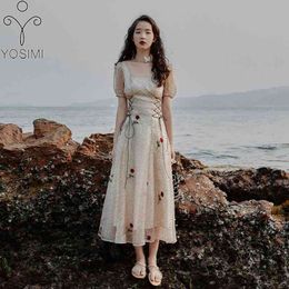 YOSIMI Evening Party Dress Summer Elegant Floral Embroidery Short Sleeve Square Collar Mid-calf Long Women Bandage Dresses 210604