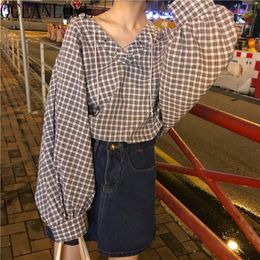 Plaid Shirts Batwing Sleeve V Neck Loose Casual Blusas Mujer Autumn Lace Up Blouses Women Tops Vintage 17518 210415