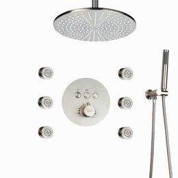 Brushed Nickel Rainfall Shower Faucets 10 Inch Bathroom Thermostatic Massage Shower Head With Handheld