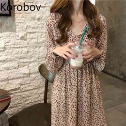 Korobov Korean Chic Print Elegant Dress High Waist Hip A Line Vestido O Neck Long Sleeve Long Holiday Ropa Spring New 2a749 210430