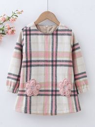 Toddler Girls Plaid Print Floral Embroidery Wool-Mix Dress SHE