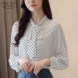 Fashion Bow Tie Loose Long Sleeve Blusas Autumn Korean Chiffon Shirts Polka Dot Casual Blouse Women Cardigan Tops 10642 210508