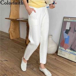 Colorfaith Autumn Winter Women Pants 3 Colours High Waist Wide Leg Pockets Ankle-Length Harem Warm Wild Trousers P1058 210915