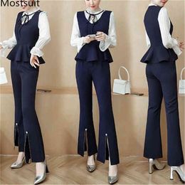Blue Office Two Piece Sets Outfits Women Plus Size Flare Sleeve Bow Tops And Splitting Pants Suits Elegant Fashion 210513