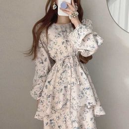 Double Ruffles Patchwork Irregular Dress Women High Waist Hip Print Holiday Vestidos O Neck Long Sleeve Robe Spring 210706