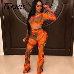 Print ins Fashion Tracksuit Women Bodycon Long Sleeve Two Piece Set Top And Flare Pants Casual Matching Sets ensemble femme 210520