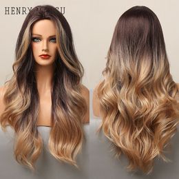 Honey Blonde Highlighted Wigs Ombre Brown Long Body Wave Synthetic Wig for Black Women Daily Cosplay Heat Resistantfactory direct