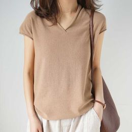 Europe and the United States popular spring and summer cotton and linen knit short-sleeved t-shirt female loose V-neck pullover Y0621