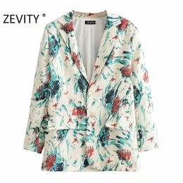 Zevity women vintage abstract print chic leisure blazer coat ladies long sleeve button casual pocket outwear suit tops CT570 210603