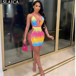 Plus Size Sexy Dress Colorful Sequin Suspenders Deep V Neck Backless Strappy Skinny & Club One Step Skirt 210515