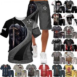 Knights Templar Men Set Summer Fashion Short Sleeve +Beach Shorts Knights Templar Streetwear Harajuku Casual T shirt Shorts G1209