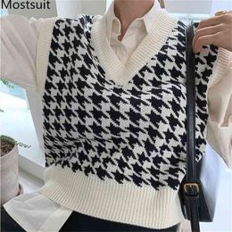 Vintage Houndstooth Knitted Sweater Vest Women Sleeveless V-neck Tops Korean Fashion Ladies Pullover Autumn 210513