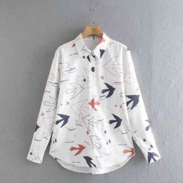 Summer Women Bird Print Loose Shirt Female Turndown Collar Long Sleeve Blouse Casual Lady Tops Blusas S8930 210430