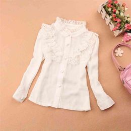 Autumn Kids Children Shirts Solid Chiffon Blouses Teenage School Mandarin Collar White Clothes Fashion Long Sleeve Tops 210622