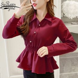 Korean tops spring womens and blouses white long sleeve shirts for women chiffon blouse button solid V-neck 7915 50 210427