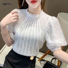 Elegant Patchwork Crochet Women Shirt Ladies White Lace Blouse Puff Sleeve O-neck Collar Tops Plus Size Blusas Mujer 14111 210521