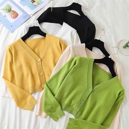 Spring ly Green Cropped Cardigans Women Loose Ladies Short Knitted Sweaters Long Sleeve V neck Solid Chic Streetwear 210812