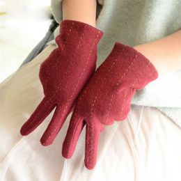 Fashion Elegant Female Wool Knit Embroidery Touch Screen Gloves Winter Women Warm Cashmere Full Finger Leather Bow C25 220113