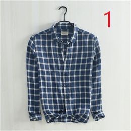 Retro linen long-sleeved men's small square collar plaid casual shirt youth cotton and Slim men 210420