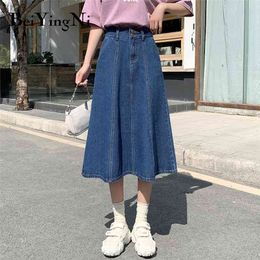Pleated Midi Jeans Skirts Woman Blue Oversized Retro Harajuku High Waist Denim Skirt Women S-5XL Faldas Femme 210506