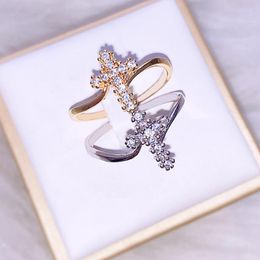 Cluster Rings Fashion Two Color Zircon Cross Ring Personality Simple Ladies Jewelry Romantic Luxury Gift