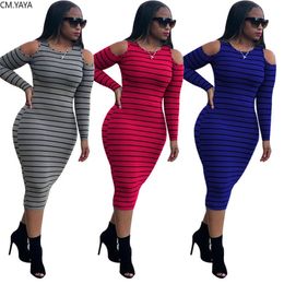 CM.YAYA Autumn Active Wear Striped Print Cut Out Long Sleeve O-neck Women Knitted Sports Bodycon Pencil Midi Dress Vestidos 210329