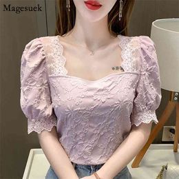 Summer Short Sleeve Lace Chiffon Shirt Women Tops Vintage Square Collar Solid Embroidery Floral Blouse Clothing 14114 210512