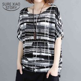 Batwing Short Sleeve Tops Feminine Blouses Print Striped Chiffon Blouse Women Shirt Blusas 0275 40 210415