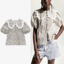 Za Floral Print Fit Shirt Women Short Puff Sleeve Embroidered Applique Collar Vintage Summer Blouse Fashion Front Bow Top 210602