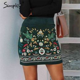 Vintage high waist skirts womens bottom Boho pencil corduroy winter female Embroidery autumn sexy green mini 210629