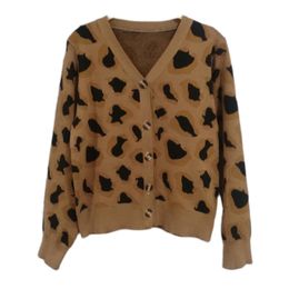 Women Sweater V Neck Long Sleeve Casual Loose Leopard Cardigan M0304 210514