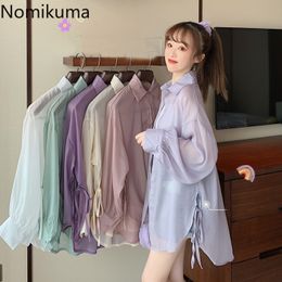 Nomikuma Sun Protection Shirts Women Ribbon Lace Up Long Sleeve Blouse Solid Colour Single Breasted See Through Blusas Mujer 210514