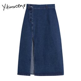 Yitimuceng Split Fork Skirt Women Button Up A-Line High Waist Mid-Calf Solid Blue Spring Summer Korean Fashion Skirts 210601