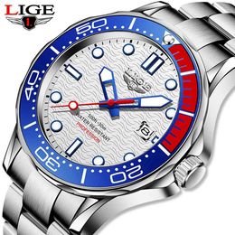 LIGE Fashion Sport Mens Watches Top Brand Luxury 316L Steel Rotating Bezel Quartz Watch For Men Casual Waterproof Date Clock+Box 210527