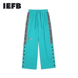 IEFB Leopard Pattern Stitching Loose Straight Pants Men's High Street Fashion Leg Split Contrast Color Causal Trousers 9Y7478 210524