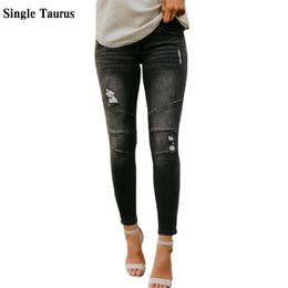 Moto Biker Jeans Women Locomotive Gray Black High Street Skinny Denim Pants Distressed Vintage Slim Ripped Pleated Kot Pantolon 210922