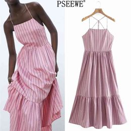 Summer Dress Pink Striped Midi Slip Women Ruffle Backless Sexy Beach Woman Thin Straps Long es 210519