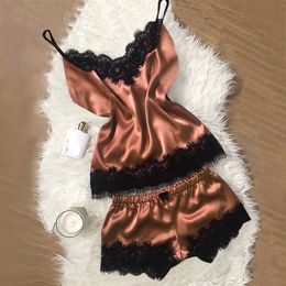 Sexy Lingerie Set Women's Pajamas Suit Babydoll Satin Nightwear Cami Top And Shorts Pijama Mujer Intimates Night Suit Nightgowns Q0706
