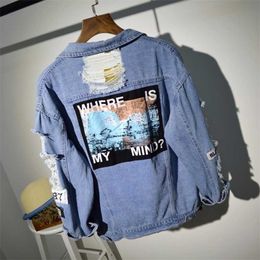 Plus Size Where Is My Mind Korea Kpop Frayed Letter Patch Bomber Jeans Jacket Women Ripped Denim Coat Female Streetwear Harajuku 211014