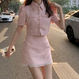 Vintage Two piece Sets Sweet Pink Pearl Button Tweed Puff Sleeve Crop Top And Mini Skirt Two piece Sets Summer Outfits Female 210518