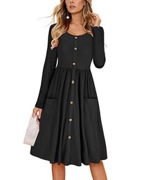 Woman Autumn Long Sleeves Pocket Tunic Button Dress Female O-Neck Pleated Big Size Loose Office Ladies Slim Casual Dresses
