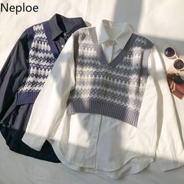 Neploe Sweaters Women Fall Clothes Patchwork Fake Two Knitted Pullovers Vest Ropa Mujer Loose Casual Jumper Coat Female 4G639 210422