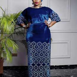 Ethnic Clothing Blue Velour African Rhinestone Top&Skirt&Turban Women O-neck 3PCS Suit Casual Dashiki Velvet Evening Dress