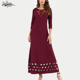 Fashion Autumn Spring Cotton Half Sleeve Women Dress Vintage A Line Solid Hollow Out Red Wine O Neck Long Dresses 12433 210508