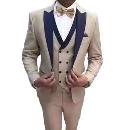 Beige Slim Fit Wedding Tuxedo for Groom 3 Piece Casual Man Suits Peaked Lapel Custom Waistcoat with Pants Male Fashion Costume X0909