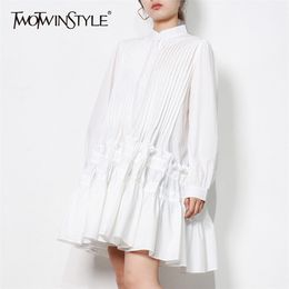 Pleated White Shirt Dress For Women Stand Collar Long Sleeve Casual Loose Dresses Female Fashion Clothing 210520