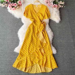Vintage Polka Dot Dress Women Summer Elegant V-neck Lace-up Slim Waist Chiffon Dresses Irregular Ruffles Vestidos 210519