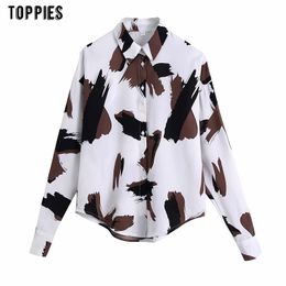 Toppies Woman Shirts Graffiti Printing Blouses Tops Female Long Sleeve Button Shirts Turn Down Collar 210412