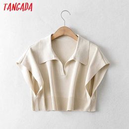 Tangada Women Beige Oversized Crop Knitted Sweater Jumper Summer Female Pullovers Chic Tops AI49 210609